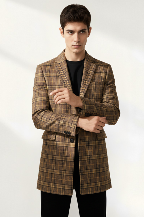 Abrigo Hombre Cuadros Marrón Elegante